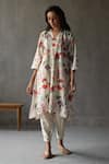 Buy_Roza_Ivory Linen V-neck Primrose Floral Pattern Kurta And Box Pleated Pant Set _at_Aza_Fashions
