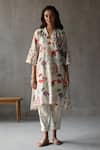 Roza_Ivory Linen V-neck Primrose Floral Pattern Kurta And Box Pleated Pant Set _at_Aza_Fashions