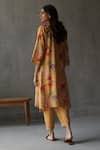 Shop_Roza_Yellow Linen Embroidery V-neck Primrose Floral Pattern Kurta And Pant Set _at_Aza_Fashions