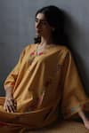 Roza_Yellow Linen Embroidery V-neck Primrose Floral Print Phiran Kurta With Pant _at_Aza_Fashions