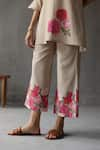 Shop_ROZA_Beige Linen Watercolor Floral Vine Peony Pattern Pant _Online_at_Aza_Fashions