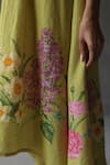 ROZA_Green Linen Floral Round Water Lily Pattern Kurta  _at_Aza_Fashions