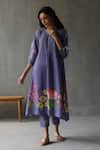 Buy_ROZA_Purple Linen Floral Round Water Lily Pattern Kurta  _at_Aza_Fashions