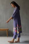 ROZA_Purple Linen Floral Round Water Lily Pattern Kurta  _Online_at_Aza_Fashions