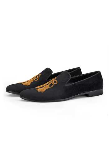 SHUTIQ_Black Hand Embroidered Amadai Coal Tasseled Shoes _Online_at_Aza_Fashions