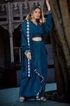 Buy_saangi by shubhangi_Blue Viscose Crepe Hand Embroidered Beads V Neck Draped Dhoti Pant With Top _at_Aza_Fashions