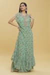 Buy_Basanti - Kapde Aur Koffee_Green Georgette Print Tropical Trees Round Neck Kaftan And Sharara Set _at_Aza_Fashions