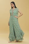 Shop_Basanti - Kapde Aur Koffee_Green Georgette Print Tropical Trees Round Neck Kaftan And Sharara Set _Online_at_Aza_Fashions