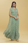 Basanti - Kapde Aur Koffee_Green Georgette Print Tropical Trees Round Neck Kaftan And Sharara Set _at_Aza_Fashions