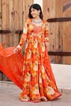 Buy_BAIRAAS_Orange Anarkali Muslin Printed Floral V-neck Blossom With Dupatta _at_Aza_Fashions