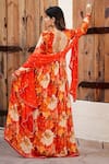 Shop_BAIRAAS_Orange Anarkali Muslin Printed Floral V-neck Blossom With Dupatta _at_Aza_Fashions