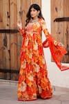 BAIRAAS_Orange Anarkali Muslin Printed Floral V-neck Blossom With Dupatta _Online_at_Aza_Fashions