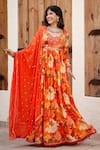 Shop_BAIRAAS_Orange Anarkali Muslin Printed Floral V-neck Blossom With Dupatta _Online_at_Aza_Fashions