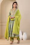 Buy_BAIRAAS_Green Anarkali Muslin Printed Floral Shawl Collar Mirror Embellished Pant Set _at_Aza_Fashions