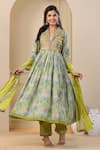 Buy_BAIRAAS_Green Anarkali Muslin Printed Floral Shawl Collar Mirror Embellished Pant Set _Online_at_Aza_Fashions