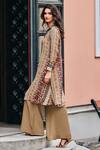 Shop Label Varsha Brown Tunic Viscose Woven Muslin Printed Stripe Spread And Wide Legged Pant Set at Aza Fashions Shop_Label Varsha_Brown Tunic Viscose Woven Muslin Printed Stripe Spread And Wide Legged Pant Set_at_Aza_Fashions