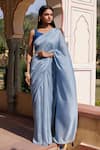 Buy_Geroo Jaipur_Blue Saree Silk Plain With Jacquard Unstitched Blouse Piece _at_Aza_Fashions