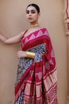 Geroo Jaipur_Magenta Gajji Silk Hand Block Print Ajrakh Saree With Unstitched Blouse Piece _at_Aza_Fashions