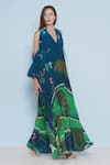 Limerick by Abirr N' Nanki_Blue Crepe Printed Forest V-neck Mira Pint Dress  _at_Aza_Fashions