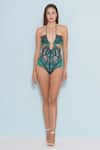 Limerick by Abirr N' Nanki_Green 82% Polyester Printed Bird Halter Neck Posey Garden Monokini  _Online_at_Aza_Fashions