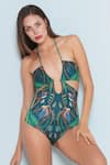 Shop_Limerick by Abirr N' Nanki_Green 82% Polyester Printed Bird Halter Neck Posey Garden Monokini  _Online_at_Aza_Fashions