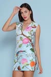 Limerick By Abirr N' Nanki_Blue Satin Embroidery V-neck Seri Floral Vine Print Dress _Online_at_Aza_Fashions