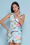 Shop_Limerick By Abirr N' Nanki_Blue Satin Embroidery V-neck Seri Floral Vine Print Dress _Online_at_Aza_Fashions