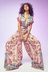 Shop_Limerick By Abirr N' Nanki_Pink Crepe Embroidery Button-down Neck Arley Chintz Floral Pattern Jumpsuit _at_Aza_Fashions