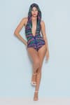 Buy_Limerick by Abirr N' Nanki_Blue 82% Polyester Floral Plunged V Neck Chlo Pattern Hooded Monokini  _at_Aza_Fashions