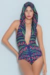 Limerick by Abirr N' Nanki_Blue 82% Polyester Floral Plunged V Neck Chlo Pattern Hooded Monokini  _Online_at_Aza_Fashions