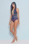 Shop_Limerick by Abirr N' Nanki_Blue 82% Polyester Floral Plunged V Neck Chlo Pattern Hooded Monokini  _Online_at_Aza_Fashions