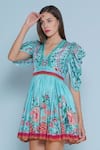 Limerick By Abirr N' Nanki_Blue Crepe Embroidery, Sequins V-neck Colet Floral Chintz Print Dress _Online_at_Aza_Fashions