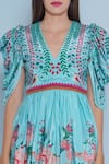 Buy_Limerick By Abirr N' Nanki_Blue Crepe Embroidery, Sequins V-neck Colet Floral Chintz Print Dress _Online_at_Aza_Fashions
