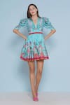Shop_Limerick By Abirr N' Nanki_Blue Crepe Embroidery, Sequins V-neck Colet Floral Chintz Print Dress _Online_at_Aza_Fashions