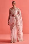 Buy_Aarti Sethia Studio_Pink Organza Embroidery Carnation Fleur Mukaish Work Saree Blouse Set _at_Aza_Fashions