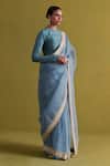Buy_Aarti Sethia Studio_Blue Organza Wildflora Embellished Border Saree Blouse Set _Online_at_Aza_Fashions