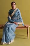 Buy_Aarti Sethia Studio_Blue Organza Wildflora Embellished Border Saree Blouse Set 