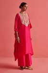 Buy_Aarti Sethia Studio_Pink Crepe Silk Embroidery Brass Gota Coin Embellished Yoke Kaftan With Palazzo _Online_at_Aza_Fashions