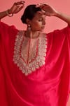 Aarti Sethia_Pink Crepe Silk Embroidery Brass Gota Coin Embellished Yoke Kaftan With Palazzo _Online