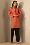 Shop_DUSALA_Red Fine Wool Silk Woven Floral Mandarin Collar Ishita Figurine Jacket _Online_at_Aza_Fashions