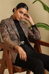 Shop_DUSALA_Black Fine Wool Silk Vintage Fleur Lapel Collar Raji Pattern Blazer Jacket _Online_at_Aza_Fashions