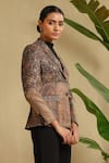 DUSALA_Black Fine Wool Silk Vintage Fleur Lapel Collar Raji Pattern Blazer Jacket _at_Aza_Fashions