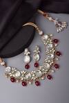 Swabhimann_Red Beads, Diamonds Moissani Polki Studded Geometric Necklace Set _Online_at_Aza_Fashions
