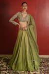 Buy_Enamour By Radha_Green Upada Silk Hand Embroidered Zari V Neck Zardozi Blouse Lehenga Set _at_Aza_Fashions