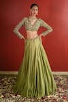 Enamour By Radha_Green Upada Silk Hand Embroidered Zari V Neck Zardozi Blouse Lehenga Set _Online_at_Aza_Fashions