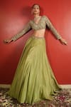 Buy_Enamour By Radha_Green Upada Silk Hand Embroidered Zari V Neck Zardozi Blouse Lehenga Set _Online_at_Aza_Fashions