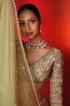 Enamour By Radha_Green Upada Silk Hand Embroidered Zari V Neck Zardozi Blouse Lehenga Set _at_Aza_Fashions