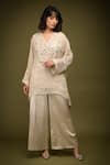 Shop_Farha Syed_Ivory Georgette Tissue Embroidered Cutdana V-neck Placement Kaftan Pant Set _Online_at_Aza_Fashions