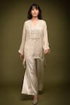 Farha Syed_Ivory Georgette Tissue Embroidered Cutdana V-neck Placement Kaftan Pant Set _at_Aza_Fashions