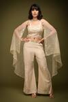 Buy_Farha Syed_Ivory Organza, Chanderi, Taffeta Cutdana Embroidered Floral Cape Pant Set _at_Aza_Fashions